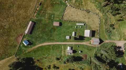 An overhead drone view of Huble Homestead