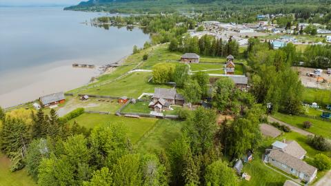 A drone shot of the Fort St. James National Historic Site