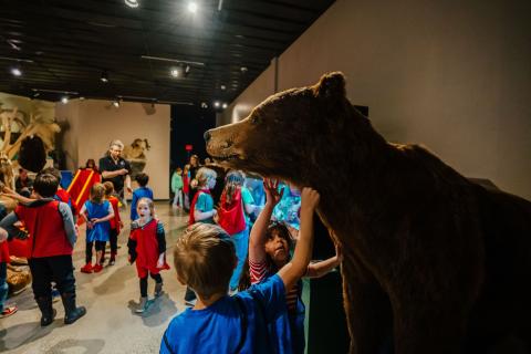 Kids touching a taxidermized bear at the Exploration Place